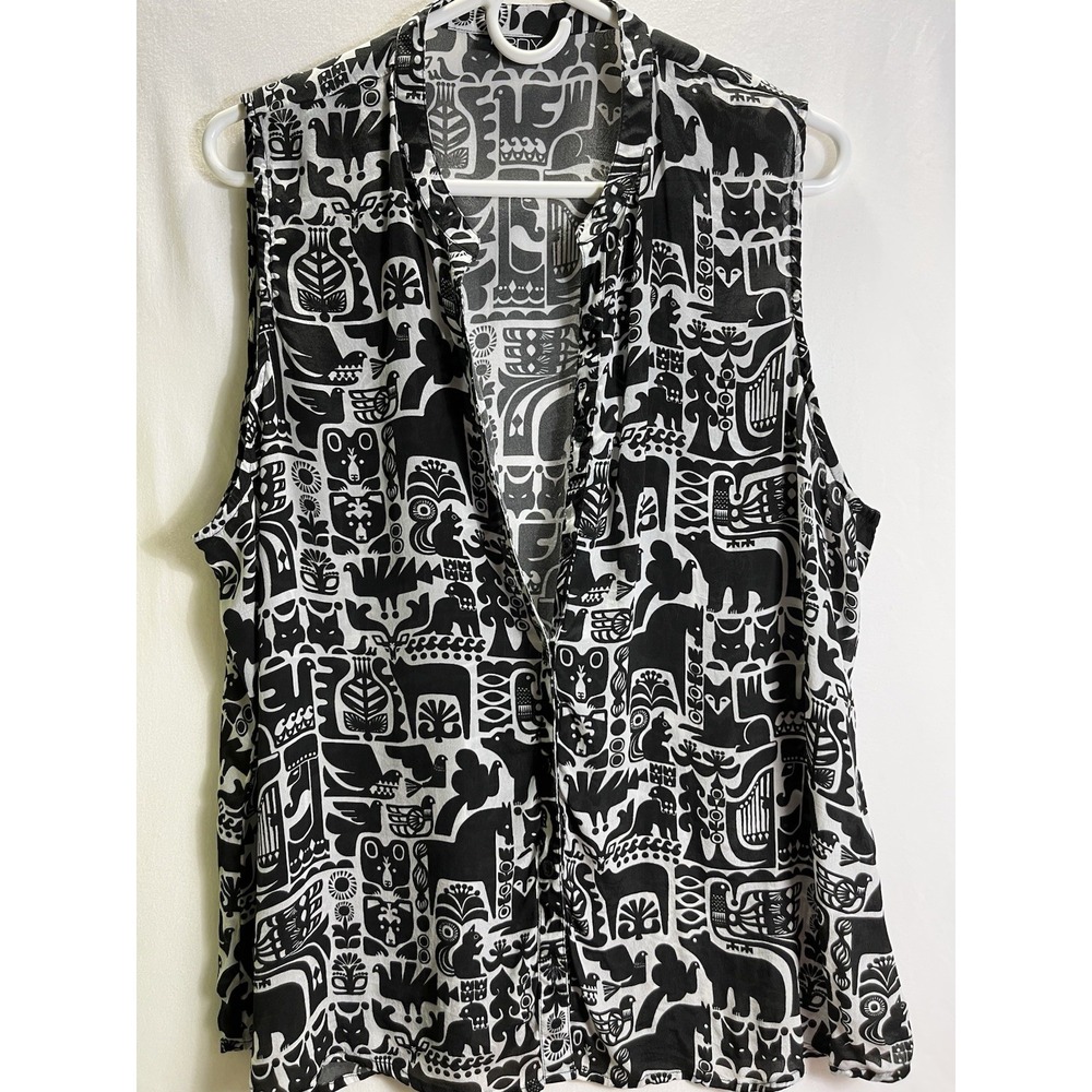APNY Womens XL Kanteleen Kutsu Print Sleeveless Button Up Top Blouse